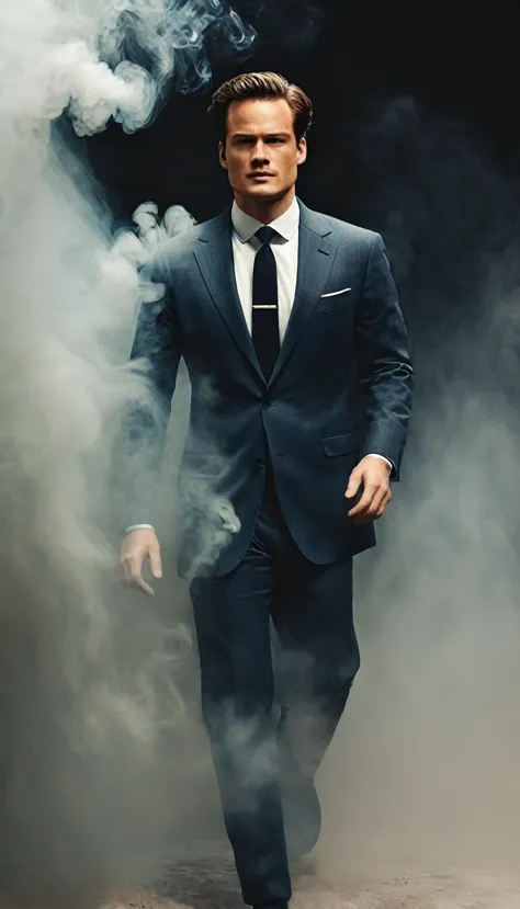 ethereal photo of the face of a full body, handsome man looking to the right, emerging from swirling strokes of smoke and vapors...