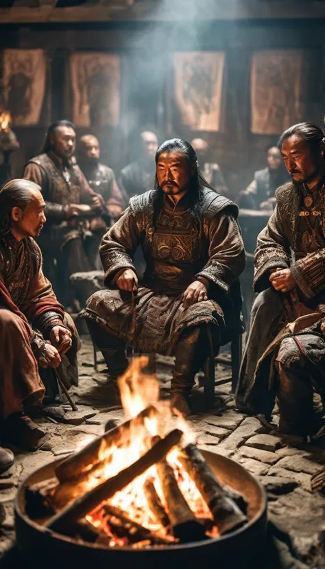 Genghis Khan forging alliances with other tribes, depicted in a council meeting around a campfire, background dark, hyper realis...