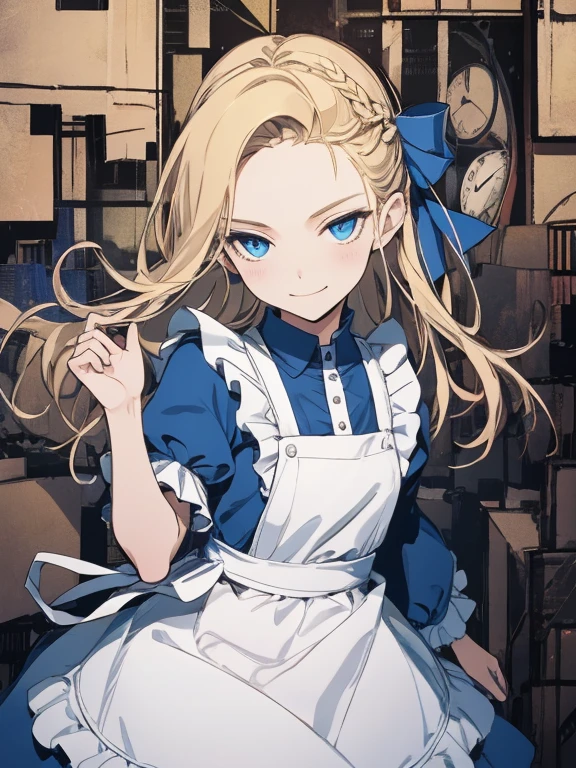 masterpiece, Highest quality, Very detailed, 16K, Ultra-high resolution, Cowboy Shot, Alice in Wonderland, (Dadaism:1.4), 10-year-old girl, Detailed face, Mischievous Smile, blue eyes, Blonde, Braiding, Long Hair, Ribbon on head, Blue clothes, Plain white apron, 大きなclockのある部屋で, clock, 壁clock