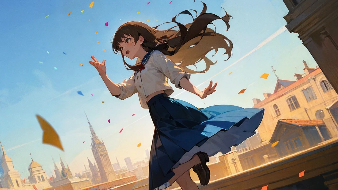 ((Highest quality)), ((masterpiece)), ((Very detailed)),Floatingする女の子,Angry expression，floating，Floating，Confetti，Brown Hair,tears,Levitating,Blue sky background,Feet in the air,tears,gravity,Long skirt,loafers,Raise both hands,Overlooking,longshot,Long Shot