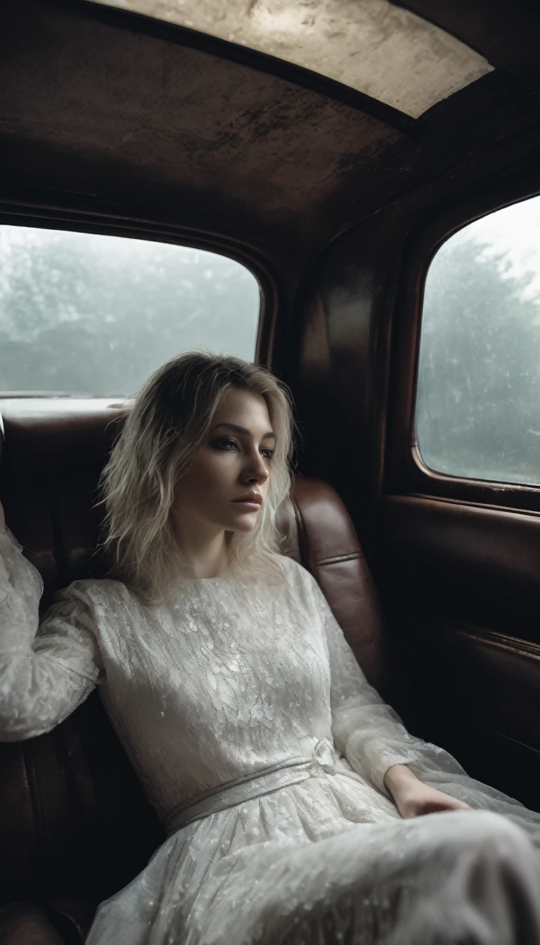 À l'intérieur de la vieille voiture, l'atmosphère est tendue. La Dame Blanche, vêtue d'une robe blanche flottante, est assise silencieusement à côté du conducteur. Ses longs cheveux sombres cachent une partie de son visage pâle et sinistre. Le conducteur, visiblement anxieux, observe la route forestière brumeuse à travers la fenêtre. L'obscurité et la brume épaisse ajoutent à l'ambiance effrayante. Cinématique, fort contraste, effrayant.