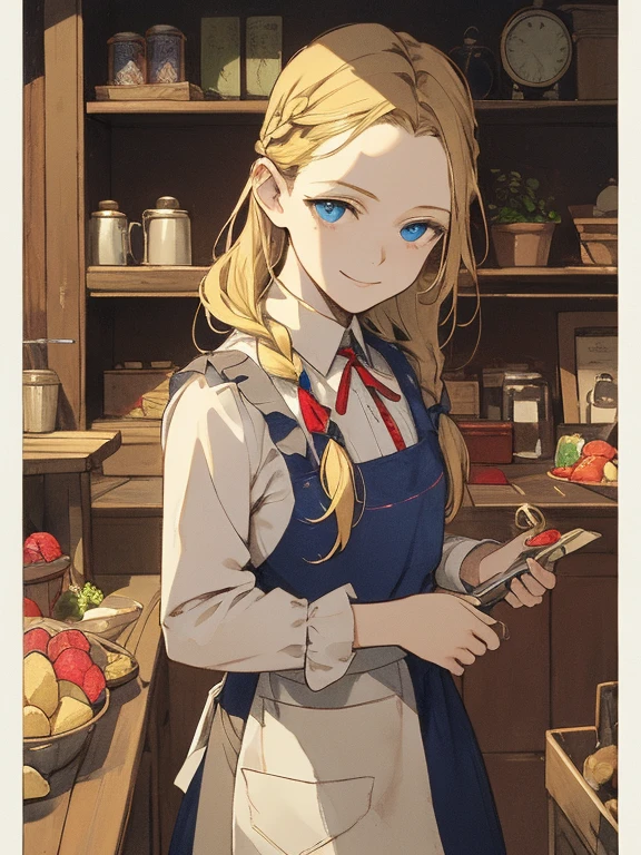 masterpiece, Highest quality, Very detailed, 16K, Ultra-high resolution, Cowboy Shot, Alice in Wonderland, (Carl Larsson:1.4), 10-year-old girl, Detailed face, Mischievous Smile, blue eyes, Blonde, Braiding, Long Hair, Ribbon on head, Blue clothes, Plain white apron, 大きなclockのある部屋で, clock, 壁clock