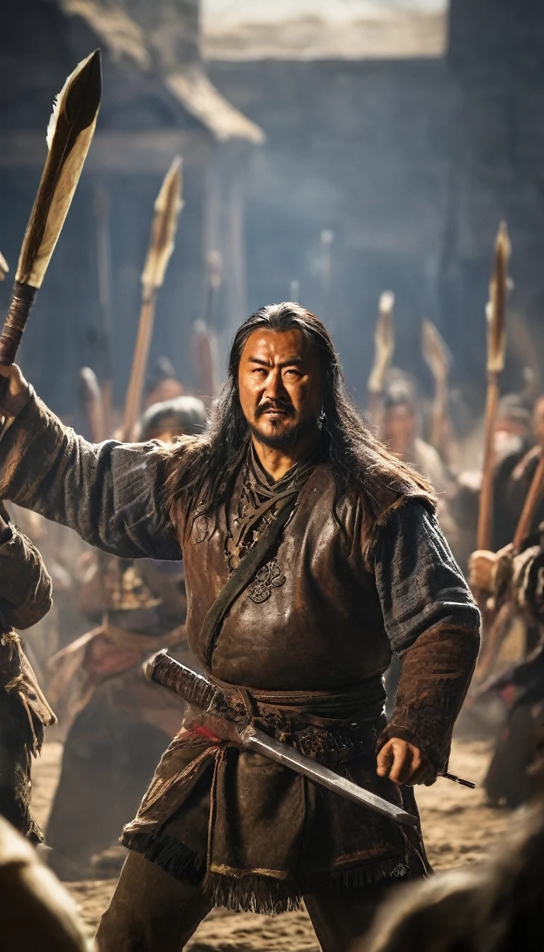 Genghis Khans forces triumphing over a rival tribe, celebrating their first major victory, background dark, hyper realistic, ultra detailed hyper realistic, photorealistic, Studio Lighting, reflections, dynamic pose, Cinematic, Color Grading, Photography, Shot on 50mm lens, Ultra-Wide Angle, Depth of Field, hyper-detailed, beautifully color, 8k