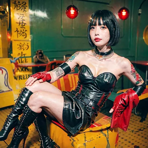 Short Hair、high school girl、Shiny red leather sleeveless top、hot pants、A lot of studs、Stiletto boots、Tattoo、Leather Gloves、Chain...