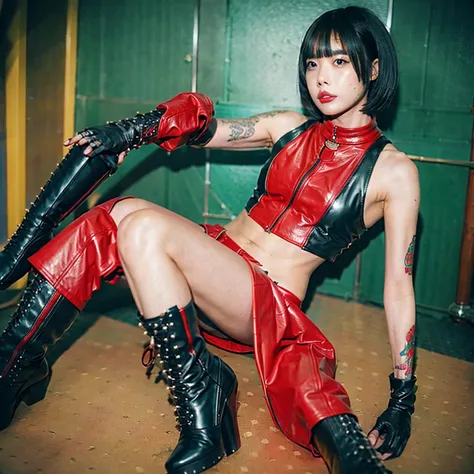 Short Hair、high school girl、Shiny red leather sleeveless top、hot pants、A lot of studs、Stiletto boots、Tattoo、Leather Gloves、Chain...