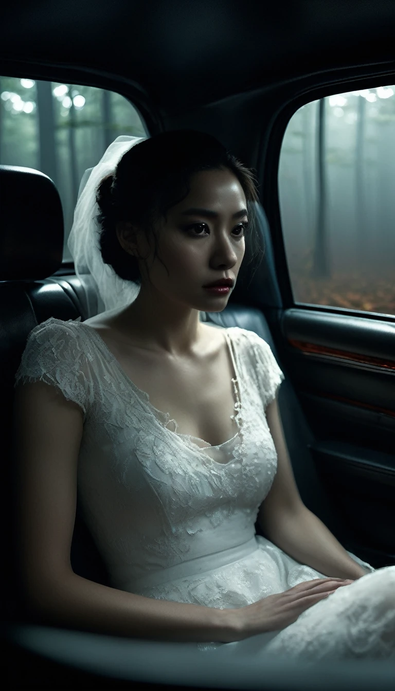 Inside the car, the atmosphere is tense. The woman in a white dress sits silently beside the driver, her hair obscuring her face. The man's face shows unease as he glances nervously at her. The car interior is dimly lit, with the foggy forest road visible outside. Cinematic, high contrast, spooky.