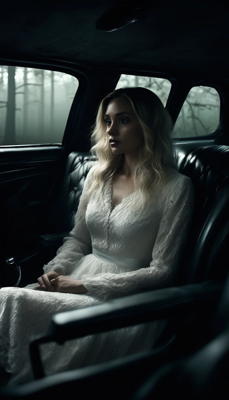 Inside the car, the atmosphere is tense. The woman in a white dress sits silently beside the driver, her hair obscuring her face. The man's face shows unease as he glances nervously at her. The car interior is dimly lit, with the foggy forest road visible outside. Cinematic, high contrast, spooky.