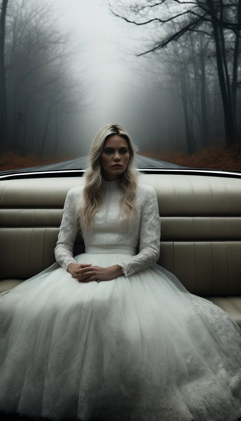 Dentro do carro, A atmosfera está tensa. A mulher de vestido branco senta-se em silêncio ao lado do motorista, o cabelo dela obscurecendo o rosto. O rosto do homem mostra inquietação enquanto ele olha nervosamente para ela. O interior do carro está mal iluminado, com a estrada de floresta nebulosa visível do lado de fora. Cinematic, Alto contraste, assustador.