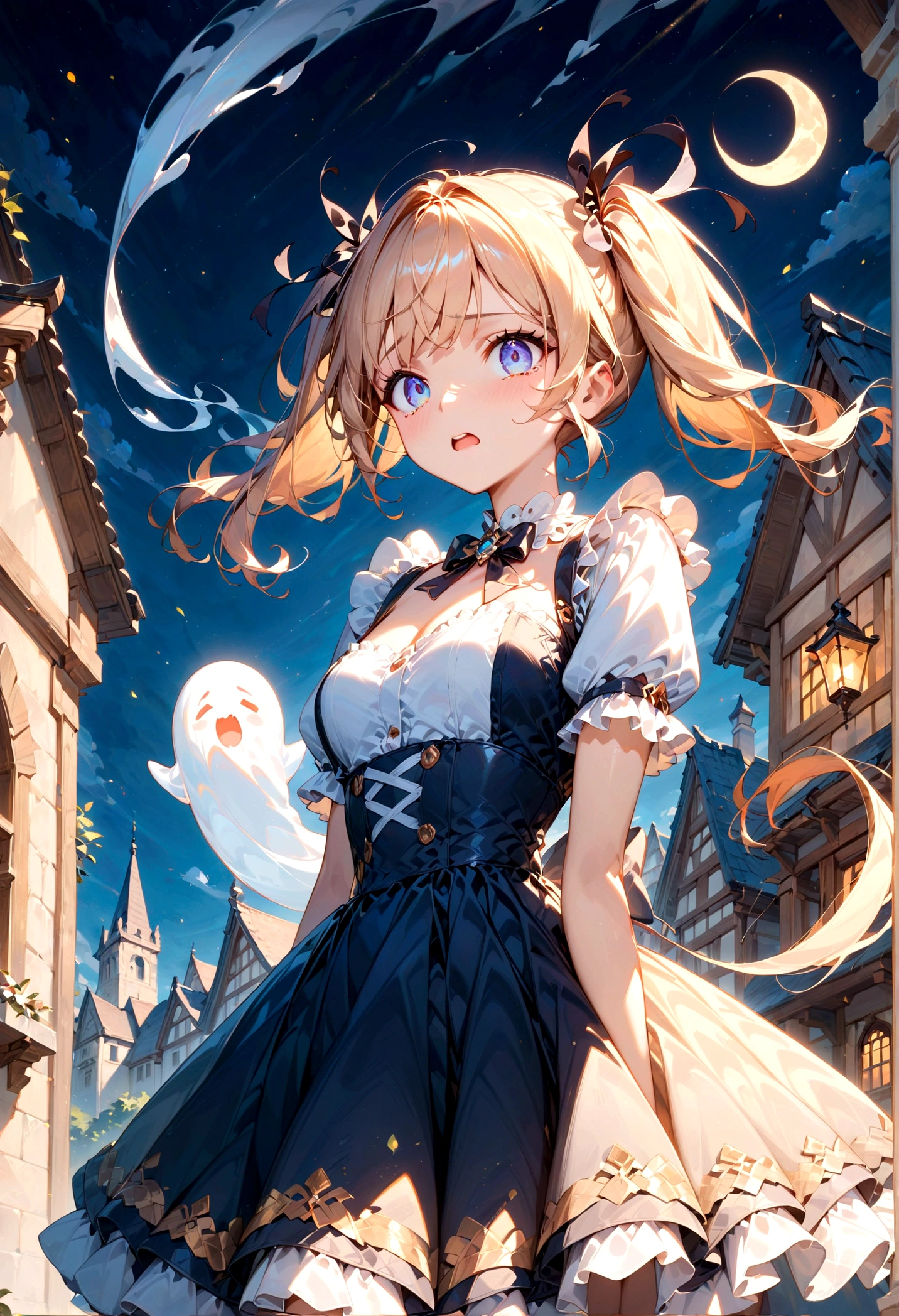 score_9, score_8_up, score_7_up, score_6_up, (masterpiece, top quality, best quality, official art, beautiful and aesthetic), cinematic shot, centered, cute girl, outdoor, at night, ghost, scared, sprinting, (tears:0.8), twintails, ExpressiveH