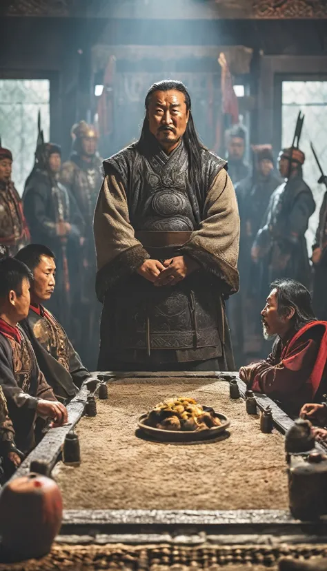 Temujin being declared Genghis Khan by his followers, symbolizing his leadership over the Mongol tribes, background dark, hyper ...