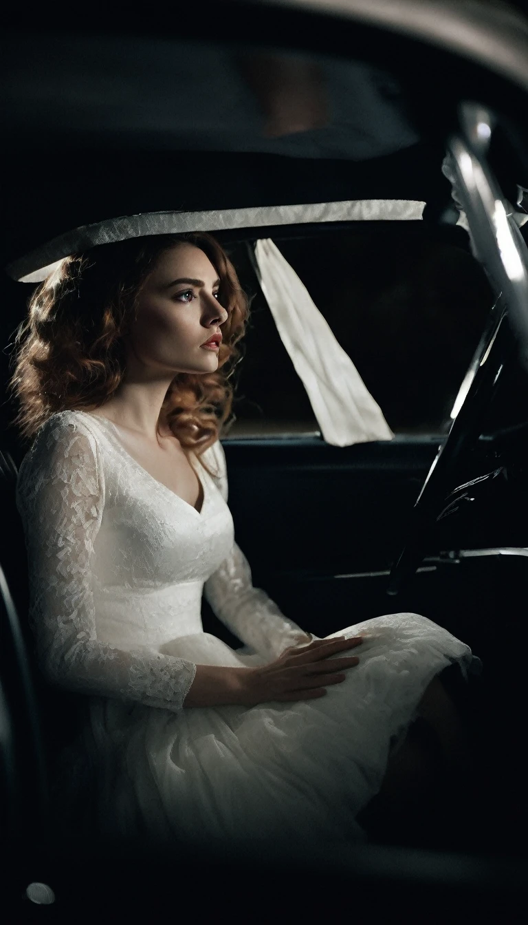 Inside the car, a tense atmosphere as the woman in a white dress sits silently beside the driver. Her hair obscures her face. The man's face shows unease and nervous glances towards her. The interior is dimly lit, enhancing the eerie mood. Cinematic lighting, high contrast.