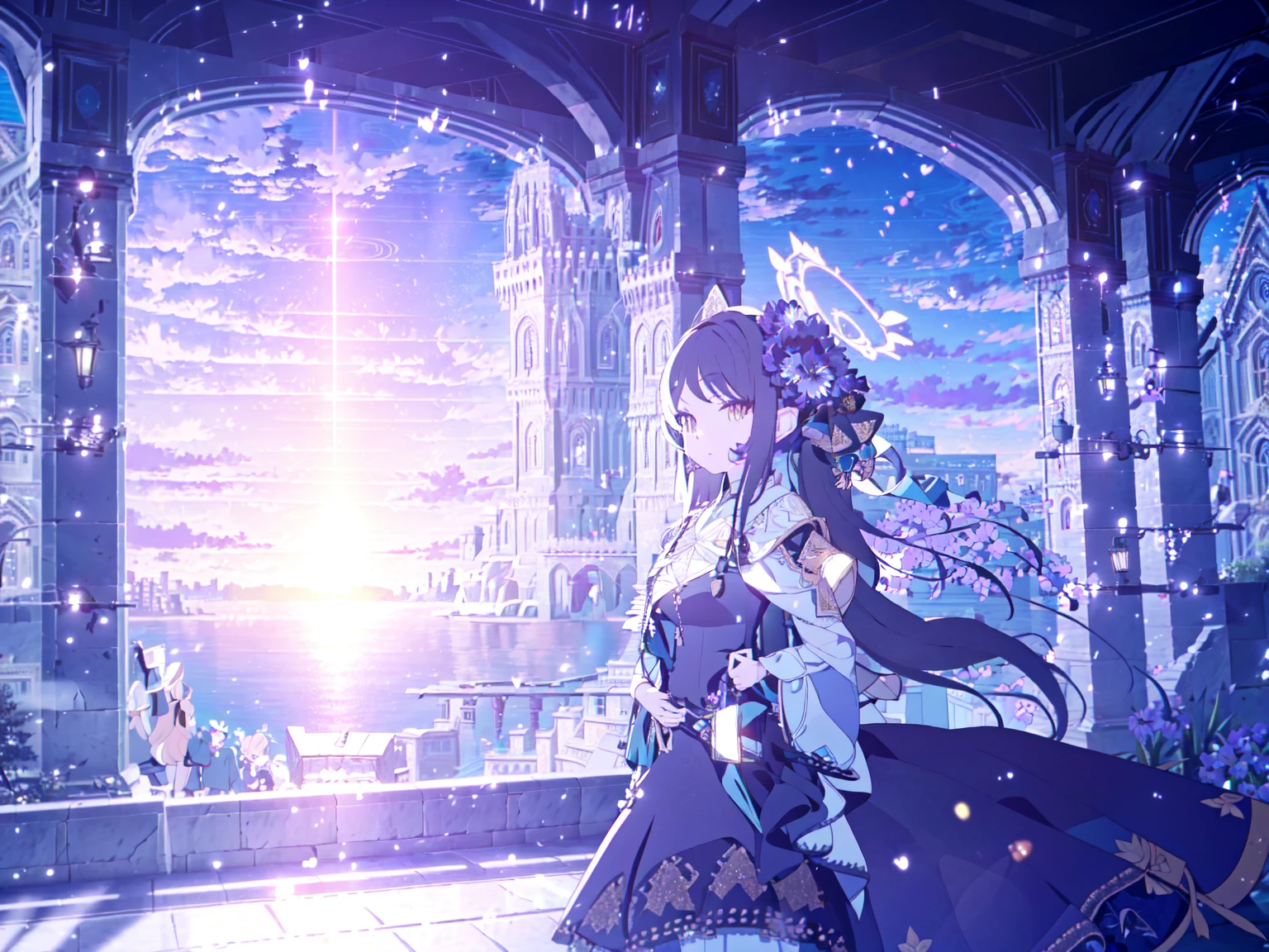 Matoba risa, (Masterpiece, vertex quality, Crazy Detail:1.4), , twin tail, (fine beautiful black hair), (beautiful yellow eyes), (blue dress, THE IDOLM@STER CINDERELLA GIRLS my first star costume), (Lots of intricate decorative accessories AND ornaments), (Outline), (Magnificent views, outdoors, Oxford churches),(Beautiful Iris: 1.4),,Matoba Risa
