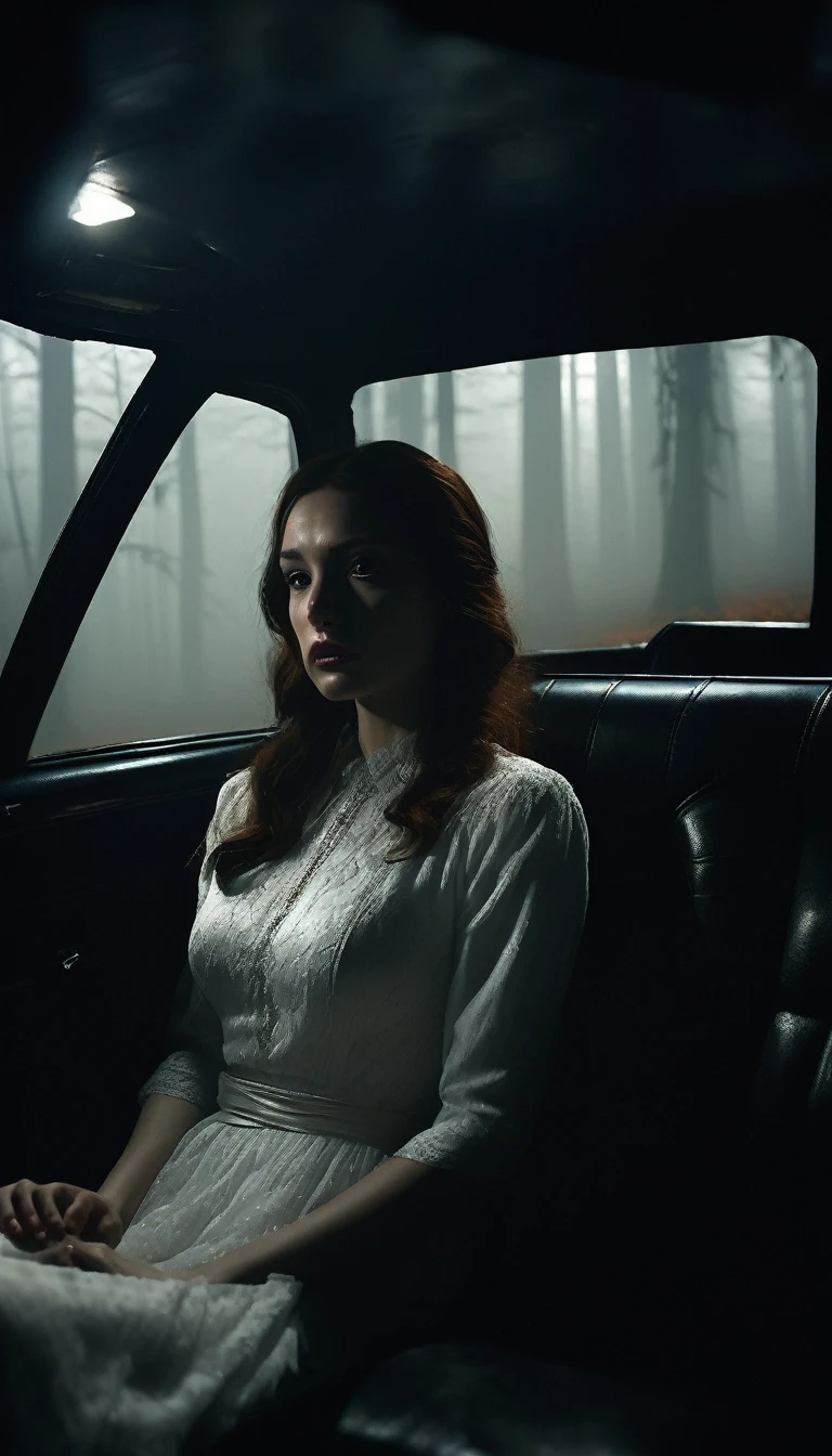 Inside the car, a tense atmosphere as the woman in a white dress sits silently beside the driver. Her hair obscures her face. The man's face shows unease and nervous glances towards her. The car interior is dimly lit, with the headlights casting a weak glow on the foggy forest road outside. Cinematic lighting, high contrast, spooky.