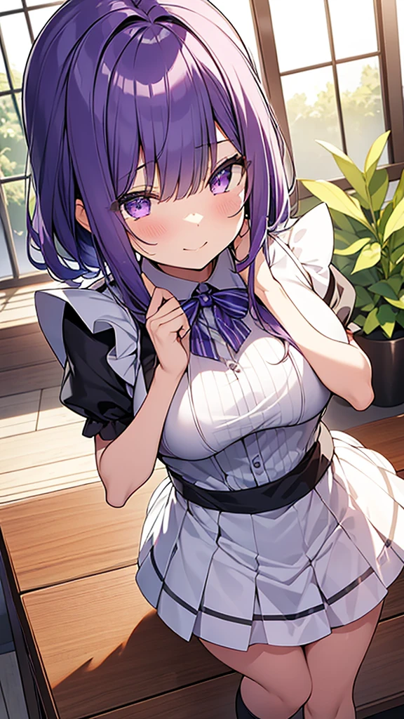 最high quality, high quality, 16K full body image, Ultra-detailed details, pretty girl, alone, beautiful purple hair, Beautiful purple eyes, Big Breasts, A light smile, Summer clothes, Summer Maid clothes, I'm lifting my skirt, Blue and white color striped underwear(Bikini swimsuit under skirt), My crotch is wet with love juice, {{A succubus who steals the face skin and maid uniform from the girl she likes and plays pranks on her、I&#39;m wearing a maid outfit while pretending to be the girl I like.}}, The girl I like is a high school girl, Full body image, NSFW