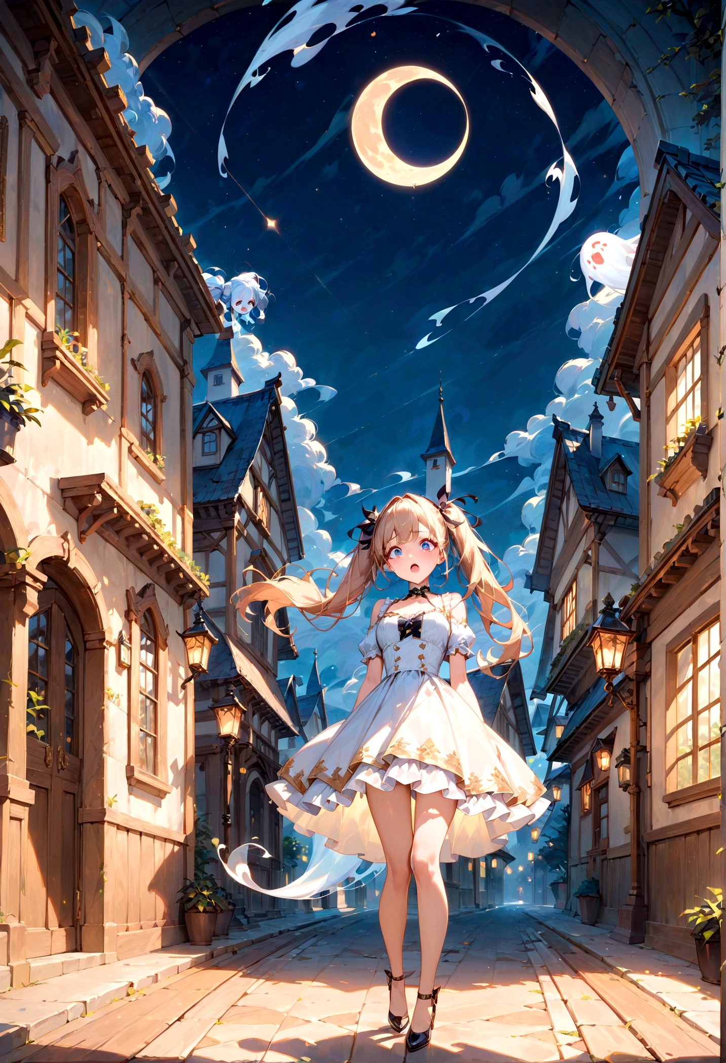 score_9, score_8_up, score_7_up, score_6_up, (masterpiece, top quality, best quality, official art, beautiful and aesthetic), cinematic shot, centered, cute girl, outdoor, at night, ghost, scared, sprinting, (tears:0.8), twintails, ExpressiveH