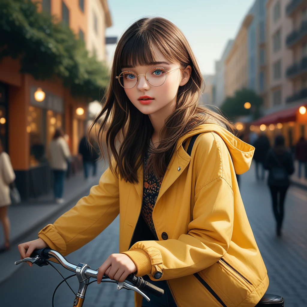 A beautiful young woman with bangs, wearing thick-rimmed glasses, a winter outfit, and a slender figure with small but beautiful breasts, standing in an early summer cityscape and placing her hand on the handlebar of a bicycle, (best quality,4k,8k,highres,masterpiece:1.2),ultra-detailed,(realistic,photorealistic,photo-realistic:1.37),extremely detailed eyes and face,beautiful detailed eyes,beautiful detailed lips,long eyelashes,intricate details,elegant pose,soft lighting,vibrant colors,cinematic composition