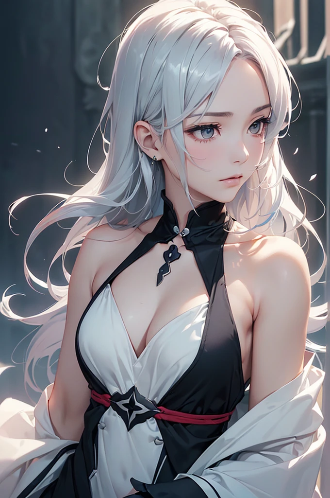 (Image from chest up:1.4)((masterpiece:1.5,Highest quality,Beautiful images、Realistic、2.5D、Artistic、Portraiture))(1girl, 独奏)(medium breasts, Silver Hair、long hair、Beautiful cleavage、sideboob、Exposing shoulders、Tattoo on shoulder)(横顔のPortraiture,Gaze sideways、Gaze diagonally、Shake your head、A sad expression, floating hair)(Monotone Abstract Background)((from diagonally forward:1.3)),Landscape,((outfit-inori,Monotone costumes))
