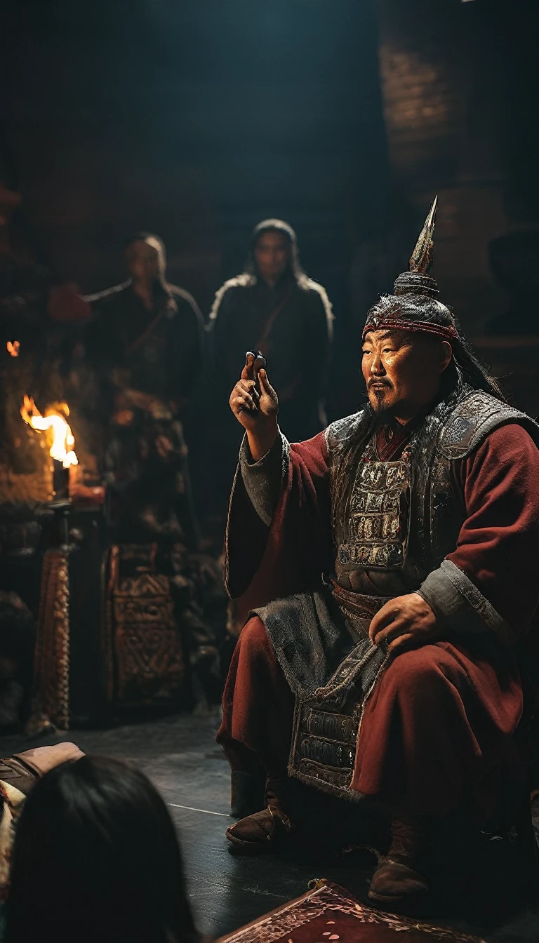 Temujin est déclaré Gengis Khan par ses partisans, symbolisant son leadership sur les tribus mongoles, fond sombre, hyper réaliste, ultra detailed hyper réaliste, Photoréaliste, éclairage de studio, reflets, pose dynamique, Cinématique, dégradé de couleurs, la photographie, tourné avec un objectif 50 mm, Ultra grand angle, profondeur de champ, hyper détaillé, Magnifiquement coloré, 8k