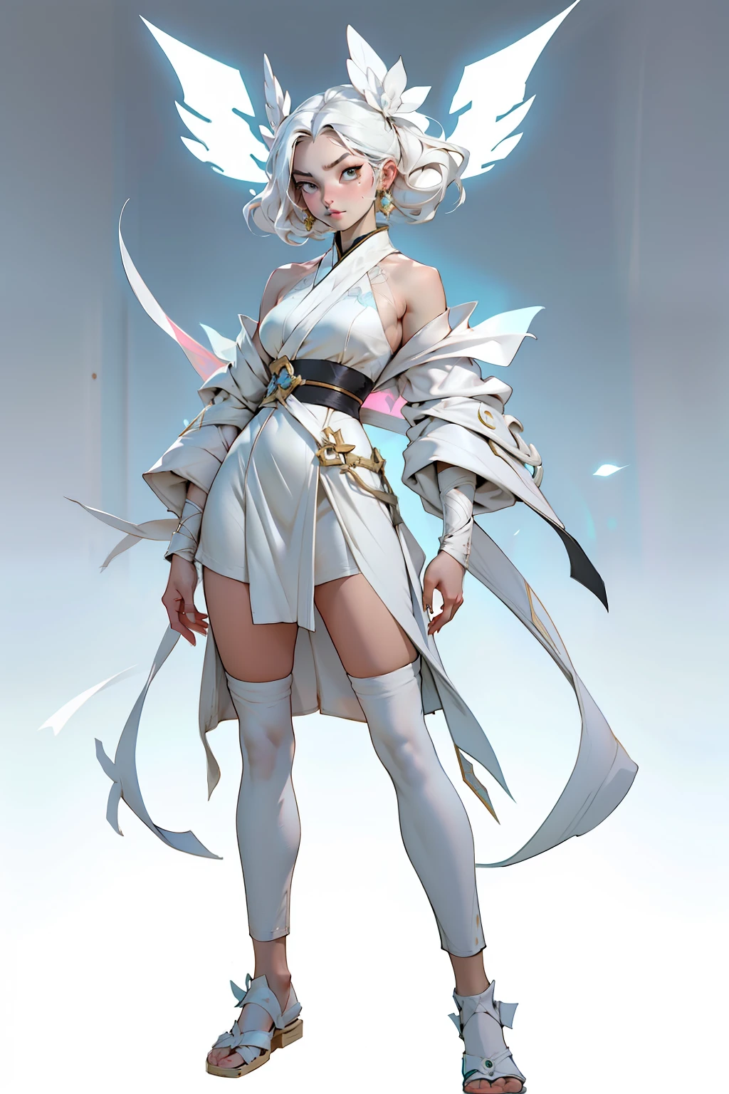 Portrait complet d&#39;une belle guerrière asiatique de style League of Legends, démasqué, révélant son visage radieux, vêtu de robes d&#39;entraînement immaculées, principalement dans des teintes blanches naturelles et éclatantes, sur fond d’un environnement vibrant, toile de fond lumineuse, capturé dans une pose de face.

Ou bien:

Un portrait détaillé du corps entier présente une guerrière asiatique de style League of Legends., éviter son masque pour révéler son visage captivant. Elle porte des robes d&#39;entraînement simples mais élégantes dans des tons de blanc naturel et éclatant., debout sur un fond radieux. L&#39;image est rendue de manière captivante depuis une position frontale..