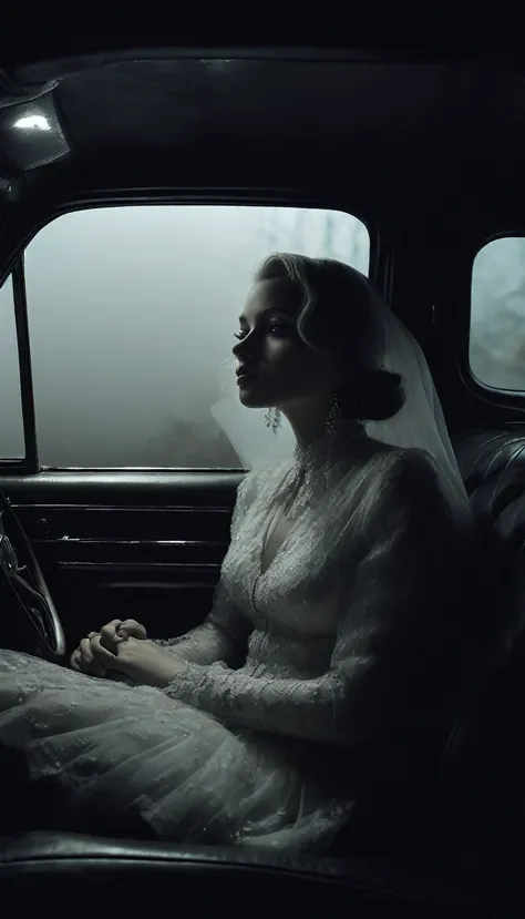 La Dame Blanche, assise sur la place passagère dans une voiture, qui regarde l'objectif, un regard inquiet et terrifiant, nuit s...