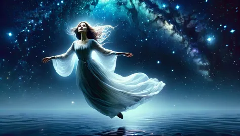 A ghostly girl, levitating over the water of a lake, beautiful medieval appearance, night sky with stars and milky way, horror t...