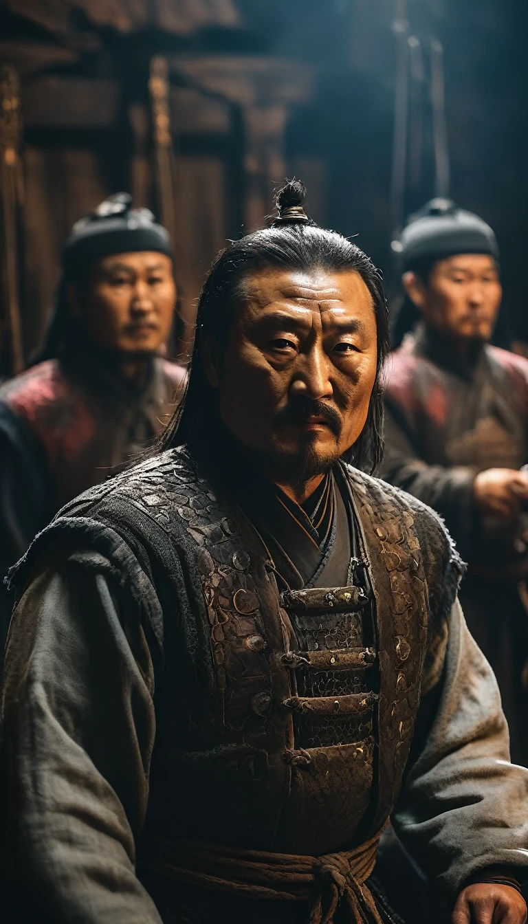 Temujin being declared Genghis Khan by his followers, symbolizing his leadership over the Mongol tribes, background dark, hyper realistic, ultra detailed hyper realistic, photorealistic, Studio Lighting, reflections, dynamic pose, Cinematic, Color Grading, Photography, Shot on 50mm lens, Ultra-Wide Angle, Depth of Field, hyper-detailed, beautifully color, 8k