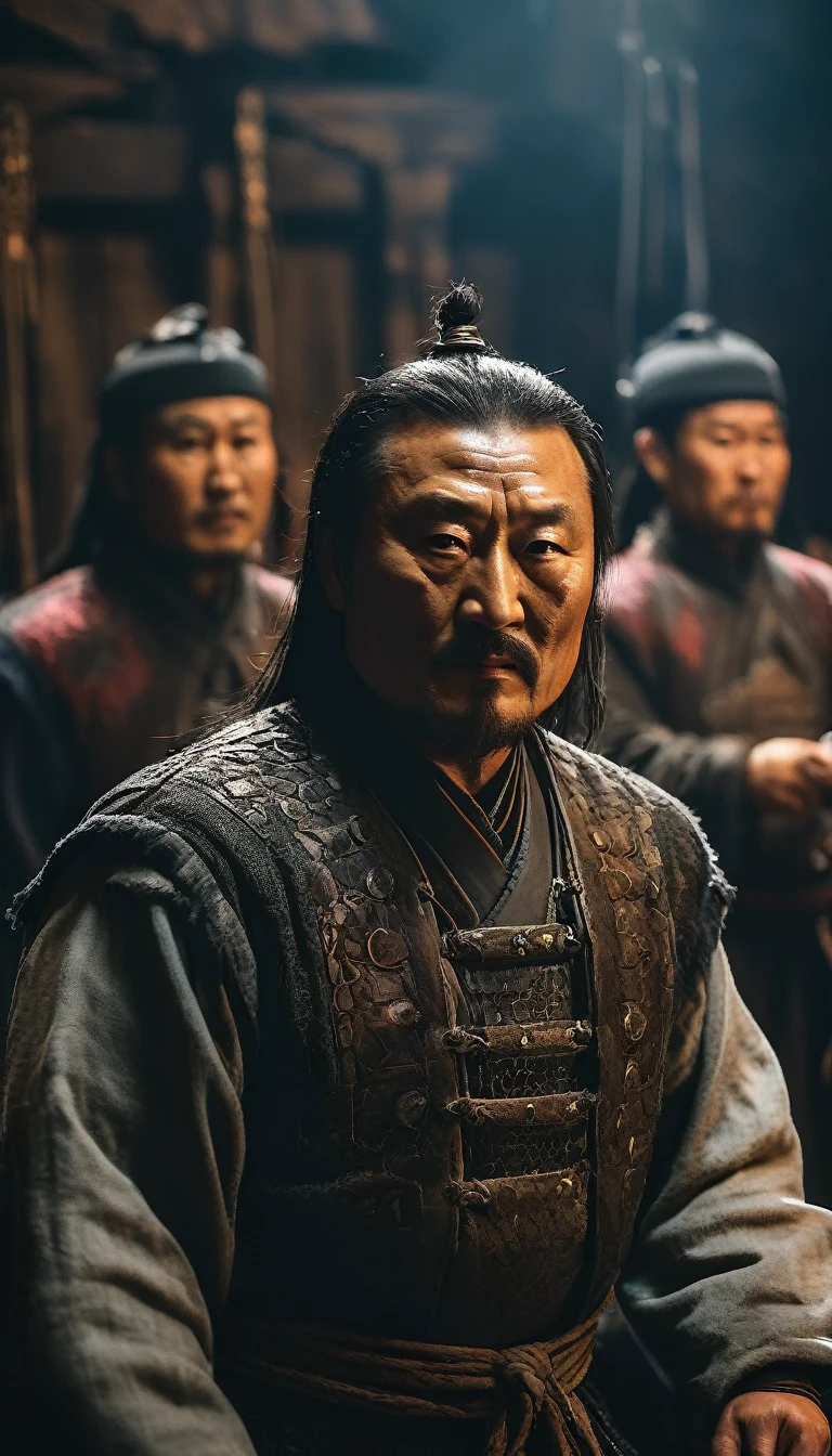 Temujin est déclaré Gengis Khan par ses partisans, symbolisant son leadership sur les tribus mongoles, fond sombre, hyper réaliste, ultra detailed hyper réaliste, Photoréaliste, éclairage de studio, reflets, pose dynamique, Cinématique, dégradé de couleurs, la photographie, tourné avec un objectif 50 mm, Ultra grand angle, profondeur de champ, hyper détaillé, Magnifiquement coloré, 8k