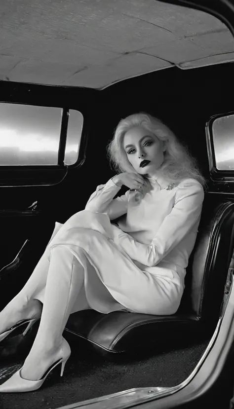 La Dame Blanche, assise sur la place passagère dans une voiture, qui nous regarde doit dans les yeux, un regard inquiet et terri...