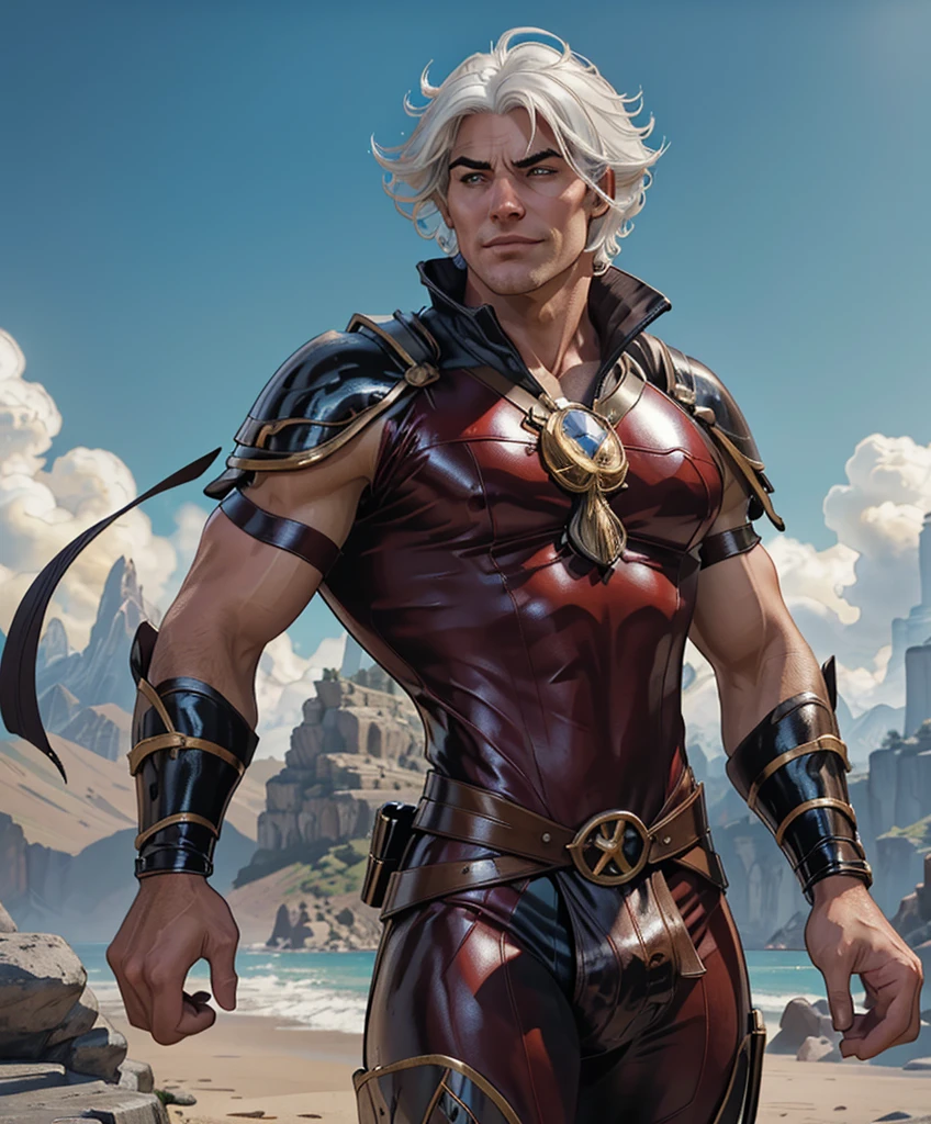 (((Luxurious white hair and sexy smirk.))) (((1.))) (((18yo.))) (((Cute smirk.))) (((Single character image.))) (((1boy))) (((Looks like beefcake male fantasy character.))) Create an enchanting AI-generated image of a charismatic and irresistibly attractive man in a high fantasy realm. He should exude rugged, dashing charm that captures the attention of every onlooker, particularly the adoring gazes of countless women. This character must embody thrilling and exciting qualities, but his arrogance should be evident in his posture and expression.  Fantasy art.  Fantasy character.  He is expressive and has a lot of personality.  Has the body of a male model and a perfect male physique.


 dungeons & dragons, fantasy adventurer, fantasy NPC, attractive male in his mid 20's, ultra detailed, epic masterpiece, ultra detailed, intricate details, digital art, unreal engine, 8k, ultra HD, centered image award winning, fantasy art concept, digital art, centered image, flirting with viewer, best quality:1.0,hyperealistic:1.0,photorealistic:1.0,madly detailed CG unity 8k wallpaper:1.0,masterpiece:1.3,madly detailed photo:1.2, hyper-realistic lifelike texture:1.4, picture-perfect:1.0,8k, HQ,best quality:1.0,

 best quality:1.0,hyperealistic:1.0,photorealistic:1.0,madly detailed CG unity 8k wallpaper:1.0,masterpiece:1.3,madly detailed photo:1.2, hyper-realistic lifelike texture:1.4, picture-perfect:1.0,8k, HQ,best quality:1.0,


