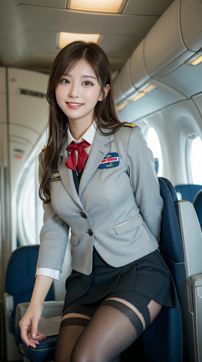 ​highest quality、table top、8k、best image quality、Award-winning work), two beautiful women、radiant beautiful skin , masterpiece、top-quality、The ultra -The high-definition、depth of fields、lens flare 1 girl、、brown hair, watching at viewers glares, large breasts , stewardess uniform, ( stewardess blazer:1.3),  shirt, short  skirt, (black high heels), perfect legs, model pose, view from below, smiling , flight cabin, pantyhose 
