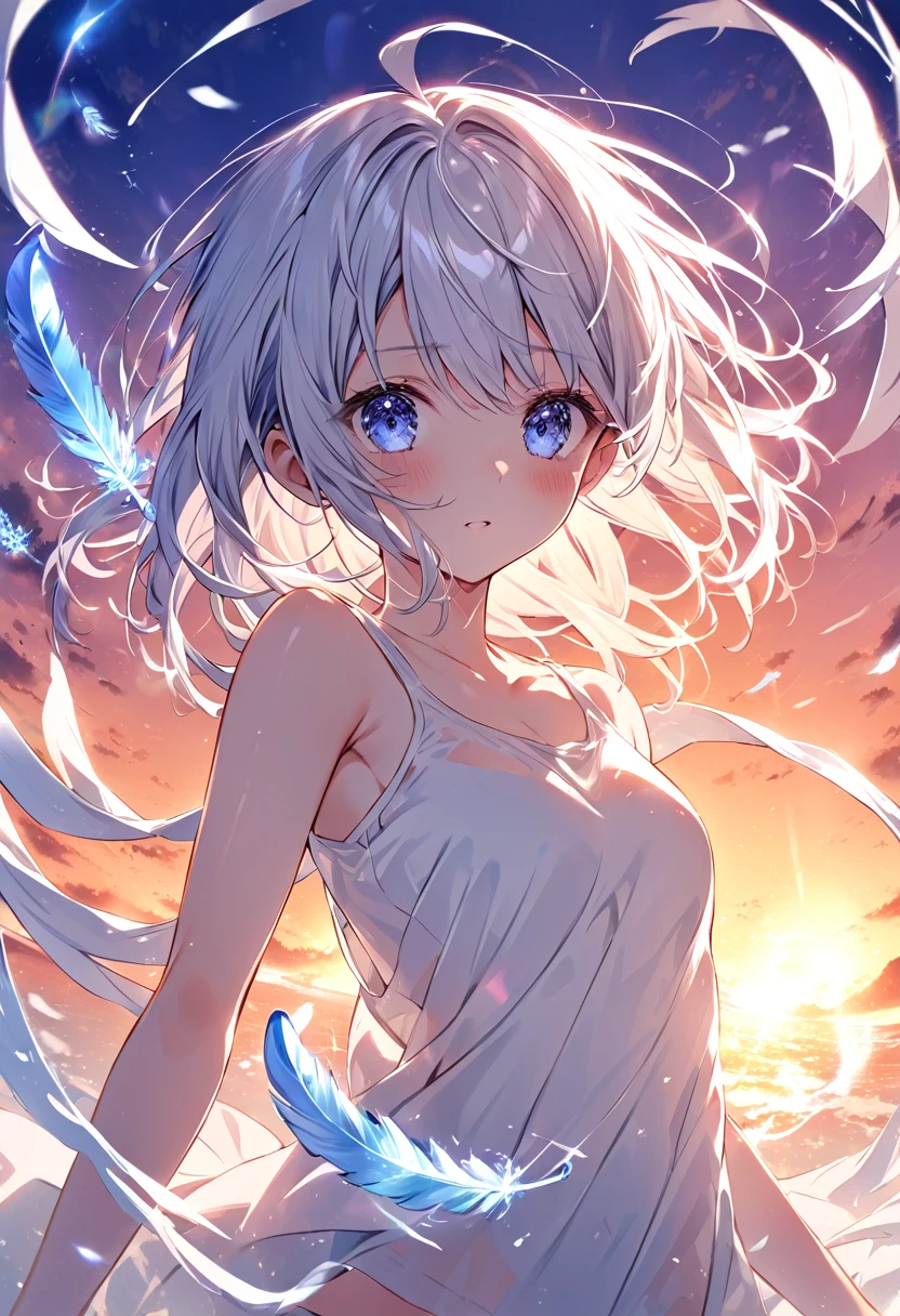 (((Medium Shot: 1.4))) anime teen girl, (Are standing ((Flat snow)), (((Half naked))), Cinematic Light, Slim body with curves, the skin is pure white, soft, Smooth and, ((Browsing Caution)), Very delicate and beautiful CG illustrations, Highest quality, High resolution, Dynamic Angle, Full Frame Lens, (1 Girl), floating, soft light, High key lighting), Shining Light, Purple halo, Feathers flying background, Blue Crystal, (((Wearing white clothes (Pure:1.3) (transparent) Tank top))), ((sunset))