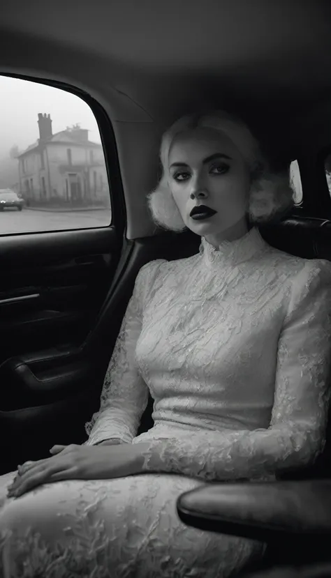 La Dame Blanche, assise sur la place passagère dans une voiture, qui nous regarde doit dans les yeux, un regard inquiet et terri...