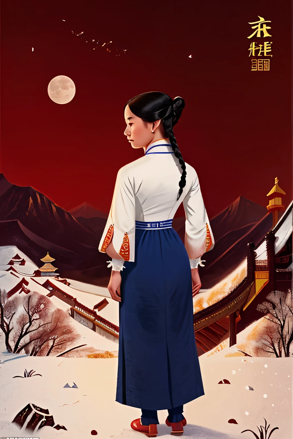 Tongkou, China, 1855. full body, back view A young ((((32-year-old)) WhiteLily)), asian girl, in the snowy mountains, ((staring at the moon)), ((((chinese clothings from the 1850s)))), ((hairstyle of the 1850s))