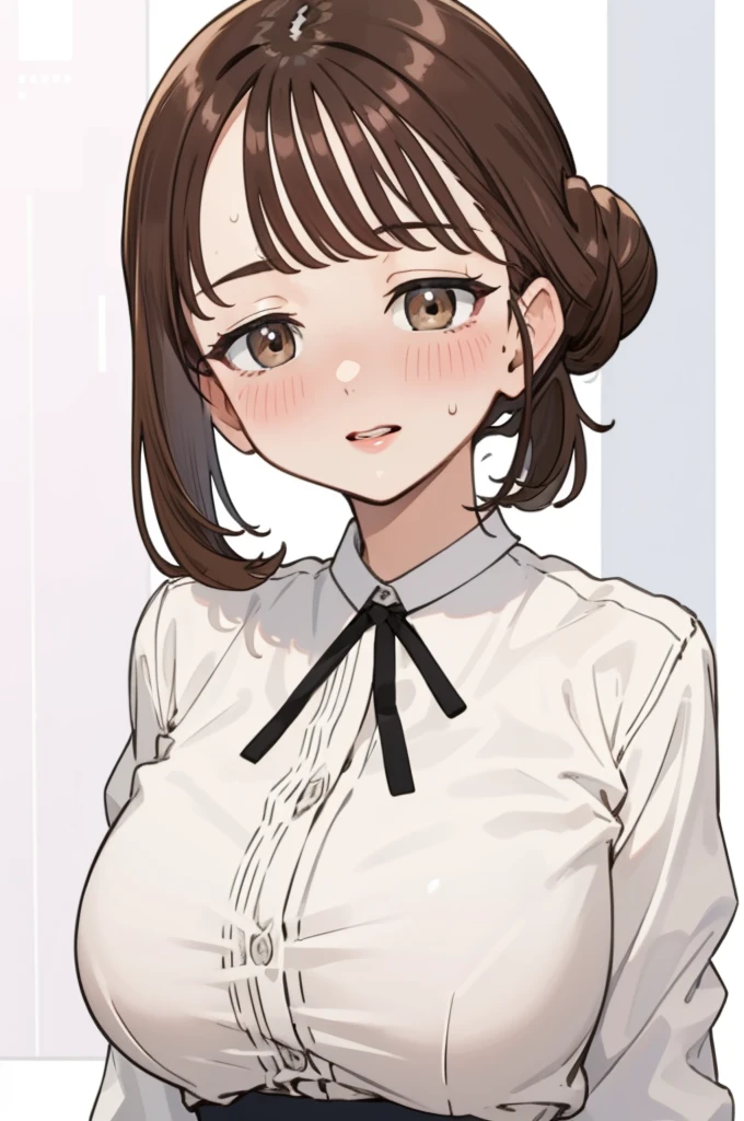 (masterpiece), (best quality), (highly detailed), (8k resolution), (best quality),huge_breasts,hair_bun,brown_hair,brown_eyes,detailed_lips,shy,ecstasy_face,blush,from front,(looking at viewer:1.3),office lady,(white buttoned shirt),skirt,(nsfw)