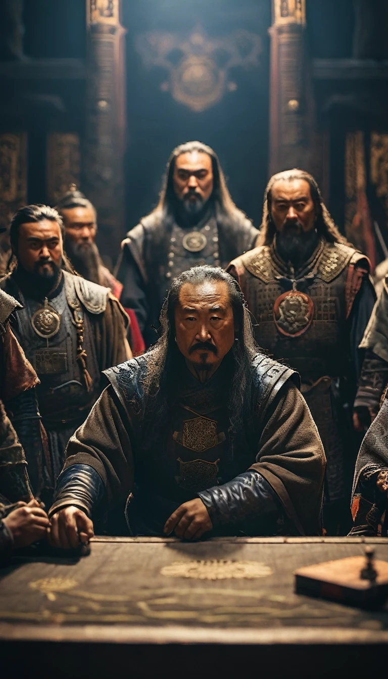 Genghis Khan holding a council with his top generals and advisors, background dark, hyper realistic, ultra detailed hyper realistic, photorealistic, Studio Lighting, reflections, dynamic pose, Cinematic, Color Grading, Photography, Shot on 50mm lens, Ultra-Wide Angle, Depth of Field, hyper-detailed, beautifully color, 8k