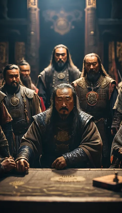 Genghis Khan holding a council with his top generals and advisors, background dark, hyper realistic, ultra detailed hyper realis...