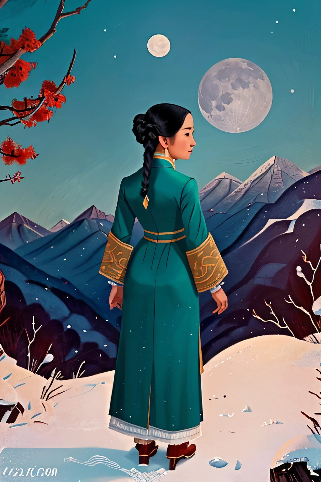 Tongkou, China, 1855. full body, back view A young ((((32-year-old)) WhiteLily)), asian girl, in the snowy mountains, ((staring at the moon)), ((((chinese clothings from the 1850s)))), ((hairstyle of the 1850s))