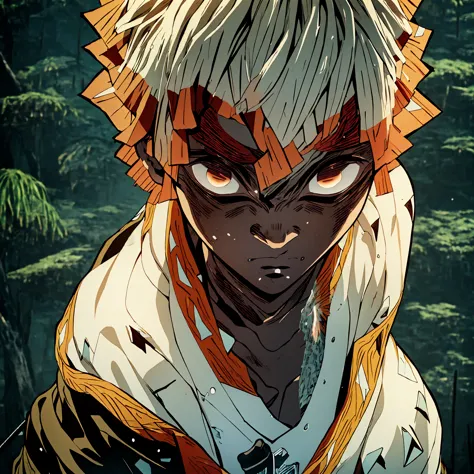 a dark skinned boy, with a red iris, aged six years, short kid, white hair, strong gaze, amidst the forest, vagabond art style, ...