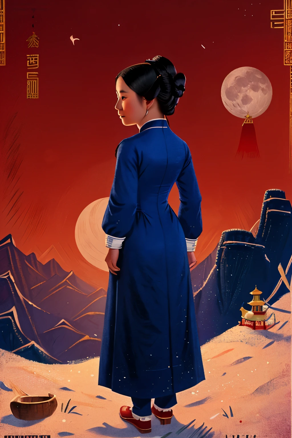 Tongkou, China, 1855. full body, back view A young ((((32-year-old)) WhiteLily)), asian girl, in the snowy mountains, ((staring at the moon)), ((((chinese clothings from the 1850s)))), ((hairstyle of the 1850s))