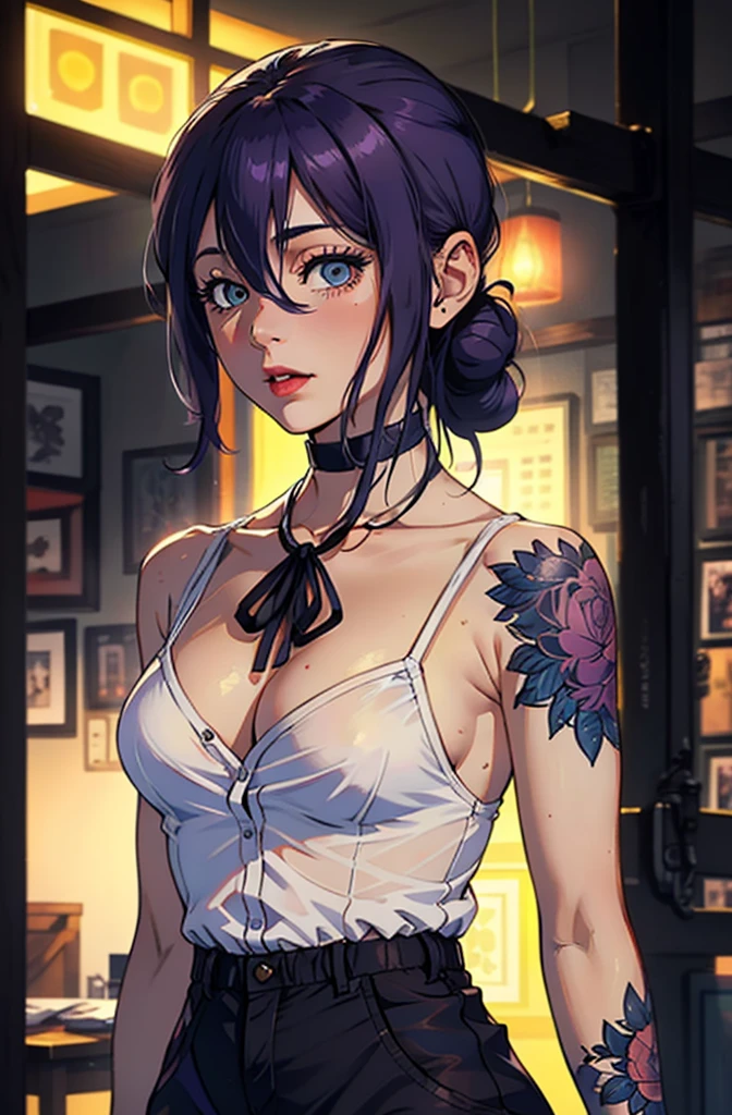 (very detailed background:1.0), (highly detailed background:1.0), (Masterpiece), High Quality, 1girl, woman, tattoo, irezumi, depth of field, dynamic lighting, high quality shadows, feminine, plunging neckline, breast curtains, Revealing clothes, , white dress, reze, purple hair