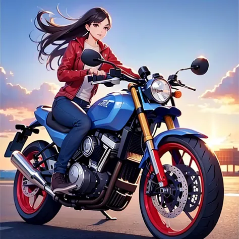 Highest quality、Realistic depiction、32k、Beautiful woman driving a motorcycle、tall。slim、Like the picture