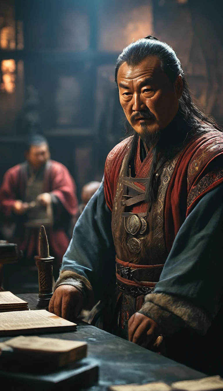 Genghis Khan enacting new laws, surrounded by scribes and officials, background dark, hyper realistic, ultra detailed hyper realistic, photorealistic, Studio Lighting, reflections, dynamic pose, Cinematic, Color Grading, Photography, Shot on 50mm lens, Ultra-Wide Angle, Depth of Field, hyper-detailed, beautifully color, 8k
