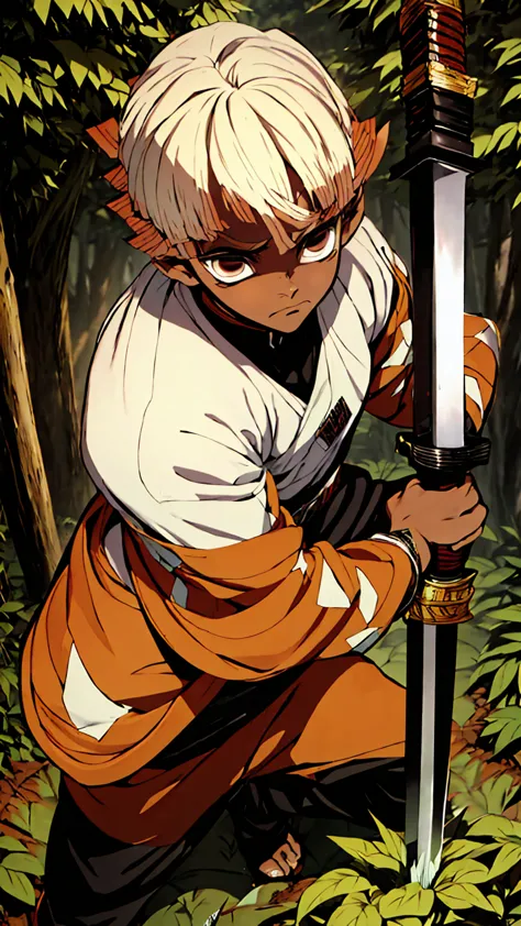 a dark skinned boy, with a red iris, aged six years, short kid, white hair, strong gaze, amidst the forest, vagabond art style, ...
