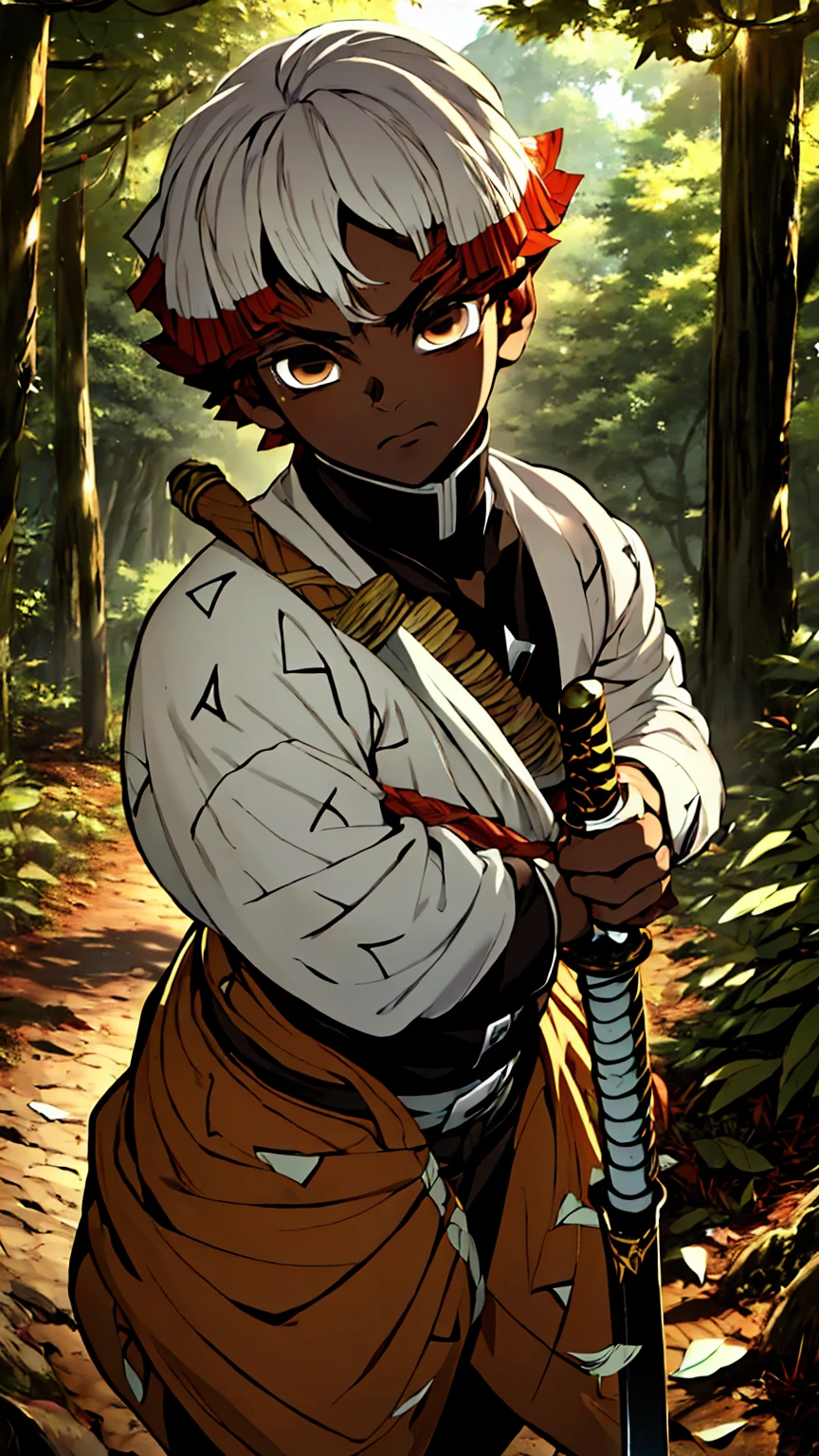 a dark skinned boy, with a red iris, aged six years, short kid, white hair, strong gaze, amidst the forest, vagabond art style, kentaro miura art style, berserk style, holding sword, Close up angle, basic sword fighting stance, pose, Agatsuma Zenitsu / Kimetsu no Yaiba