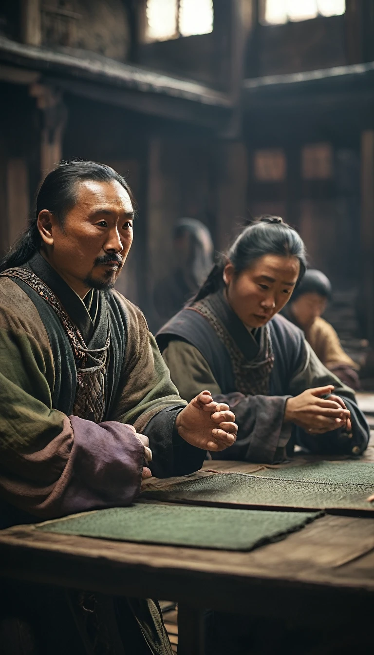 Scholars and scientists from various cultures sharing knowledge in a Mongol court, background dark, hyper realistic, ultra detailed hyper realistic, photorealistic, Studio Lighting, reflections, dynamic pose, Cinematic, Color Grading, Photography, Shot on 50mm lens, Ultra-Wide Angle, Depth of Field, hyper-detailed, beautifully color, 8k