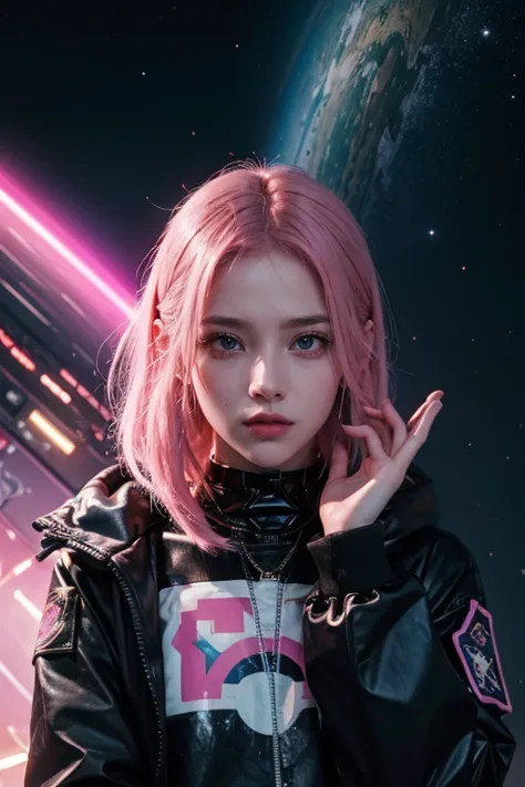 young woman, Pink hair is long, shaved temple, doused in space-colored paint, background light neons, Cyberpunk, look at the vie...