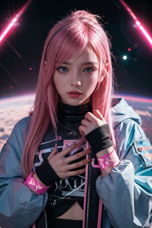 young woman, Pink hair is long, shaved temple, doused in space-colored paint, background light neons, Cyberpunk, look at the viewer, serious look, slightly aggressive look, covers his face with his hands, covered with space-colored paint, realistically, Photo, portrait