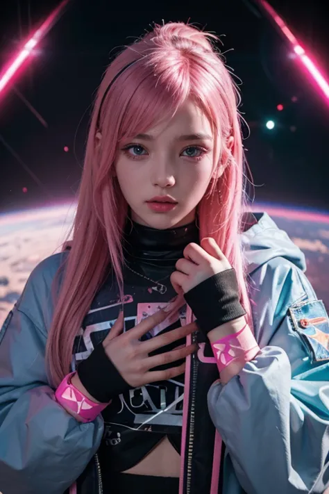 young woman, Pink hair is long, shaved temple, doused in space-colored paint, background light neons, Cyberpunk, look at the vie...