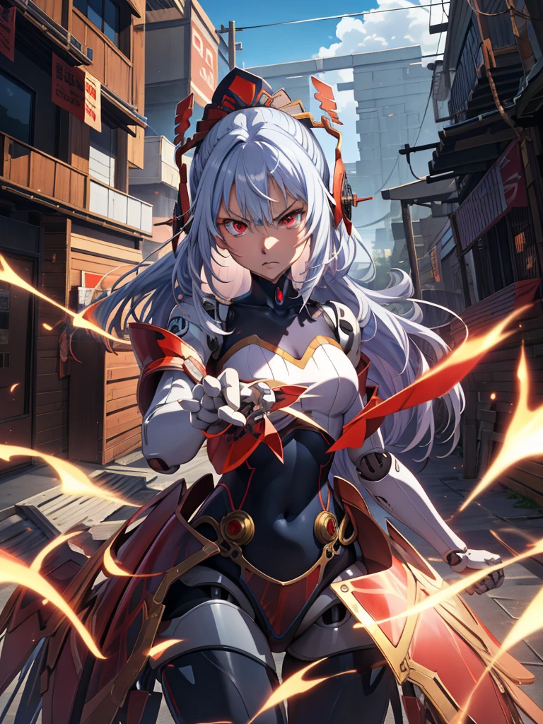 A giel anime sky blue eyes hiar whitemetis,android,robot joints,(extremely detailed CG unity 4k wallpaper),(masterpiece),(best quality),(ultra-detailed),(best illustration),(best shadow),(absurdres),(detailed background), White long hair (Hime cut), Red eyes, Angry, Arrogant, 