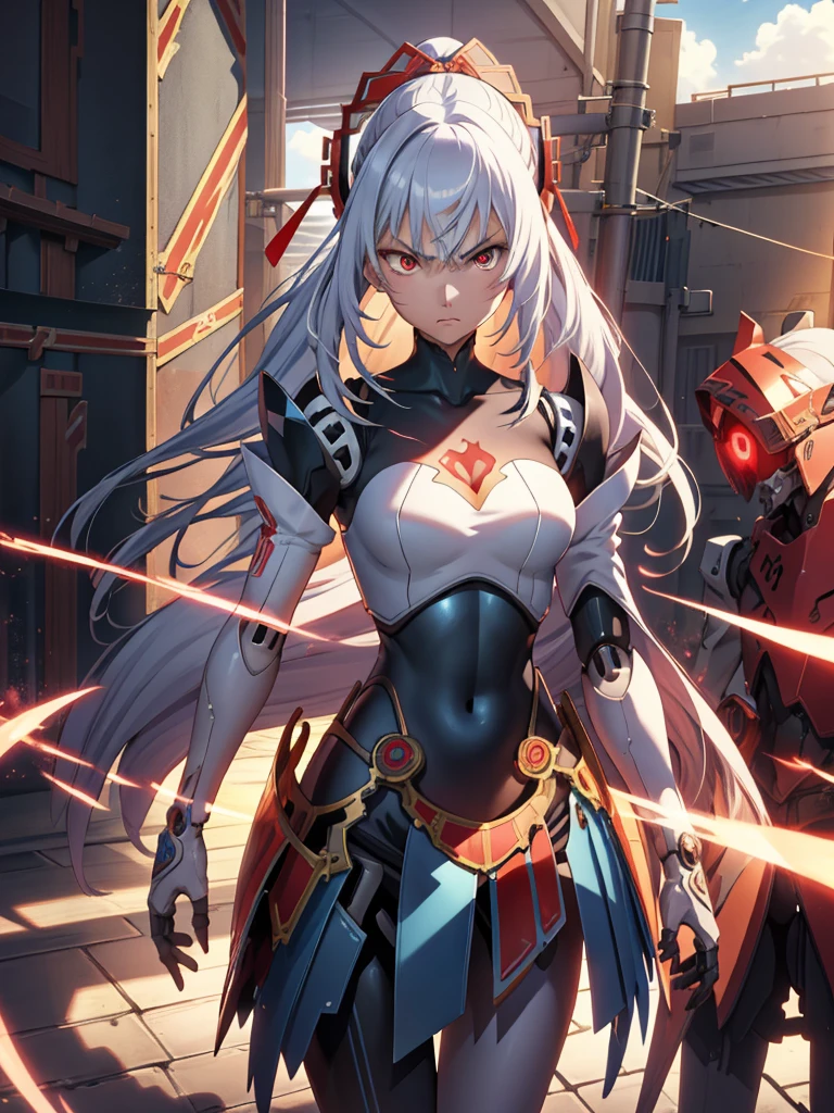 A giel anime sky blue eyes hiar whitemetis,android,robot joints,(extremely detailed CG unity 4k wallpaper),(masterpiece),(best quality),(ultra-detailed),(best illustration),(best shadow),(absurdres),(detailed background), White long hair (Hime cut), Red eyes, Angry, Arrogant, 